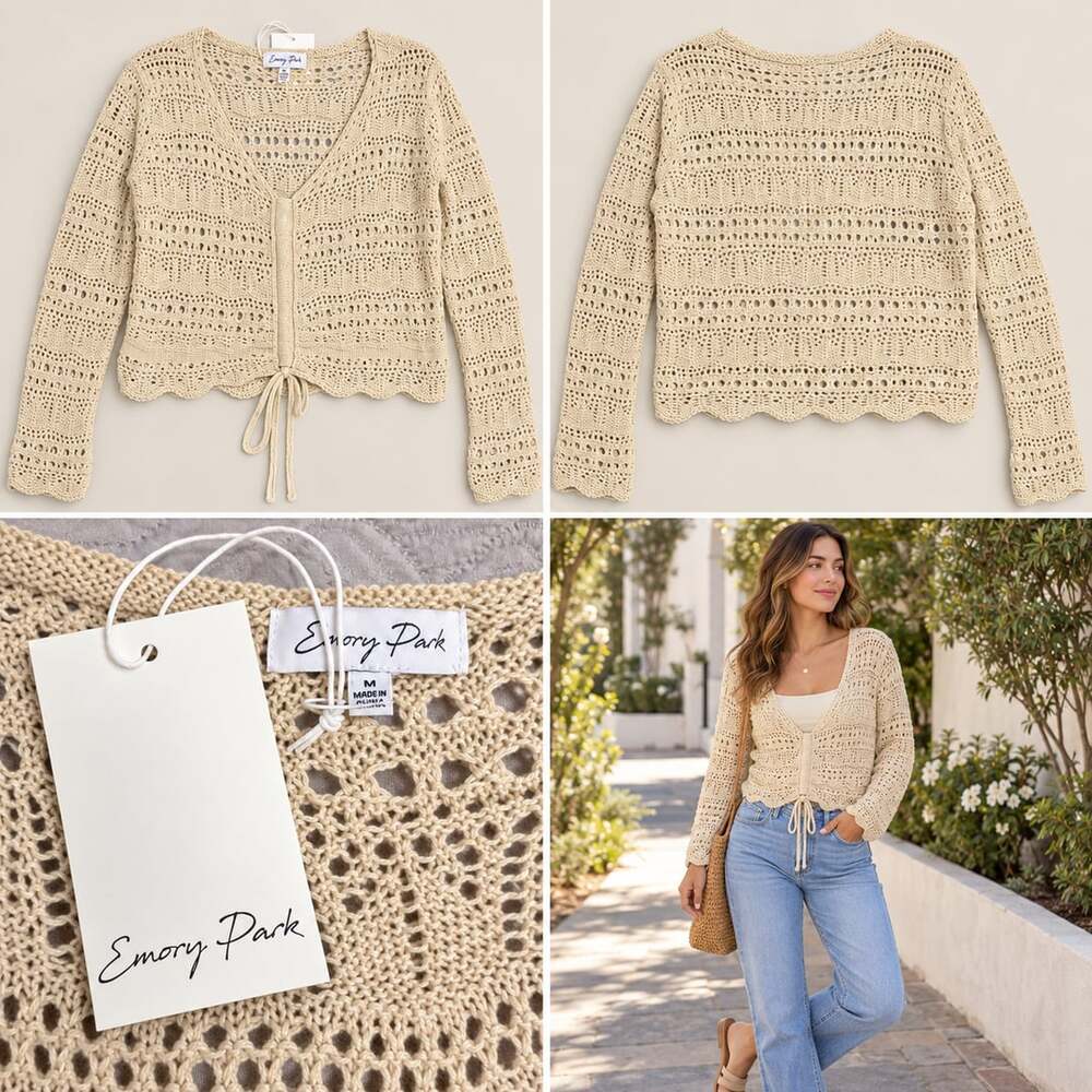 🤍 NWT Emory Park Cream Crochet Tie-Front Cropped Cardigan Size M